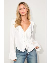 Lulus - Tanisha Satin Ruffled Tie-Front Long Sleeve Top - Lyst