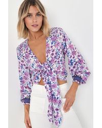 Lulus - Blooming With Style Floral Tie-Front Long Sleeve Crop Top - Lyst