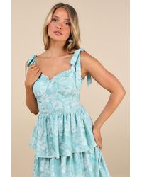 Lulus - Lovely Bliss Aqua Floral Jacquard Strapless Bustier Midi Dress - Lyst