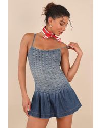 Lulus - Mazikeen Medium Wash Ombre Denim Pleated Mini Dress - Lyst