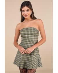 Motel - Hadia Plaid Strapless Drop Waist Mini Dress - Lyst