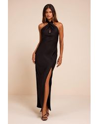 Lulus - Daney Satin Cross-Front Halter Maxi Dress - Lyst