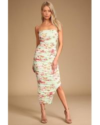 Lulus - Stun And Only Sage Floral Print Ruched Mesh Bodycon Midi Dress - Lyst