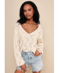 Lulus - Cute Lifestyle Cream Pointelle Knit V-Neck Sweater Top - Lyst