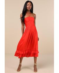 Lulus - Pleasing Chicness Satin Halter Tiered Midi Dress - Lyst