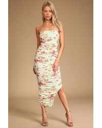 Lulus - Stun And Only Sage Floral Print Ruched Mesh Bodycon Midi Dress - Lyst