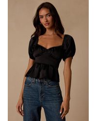 Lulus - Romi Satin Puff Sleeve Peplum Top - Lyst