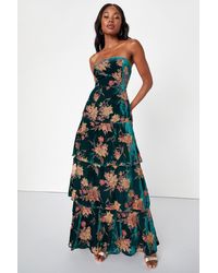 Lulus - Real Allure Emerald Floral Burnout Velvet Strapless Maxi Dress - Lyst