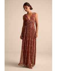 Lulus - Evaluna Rust Abstract Print Lurex Pleated Maxi Dress - Lyst