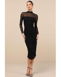 Lulus - Impressive Flirt Mesh Ruched Mock Neck Midi Dress - Lyst