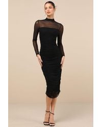 Lulus - Impressive Flirt Mesh Ruched Mock Neck Midi Dress - Lyst