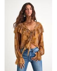 Lulus - Azlynn Boho Print Ruffled Tie-Front Top - Lyst