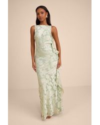 Lulus - Narelle Sage Floral Burnout Ruffled Maxi Dress - Lyst