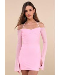 Lulus - Flirty Silhouette Mesh Long Sleeve Halter Mini Dress - Lyst