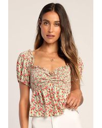 Lulus - Such A Flirt Sage Floral Smocked Peplum Short Sleeve Top - Lyst