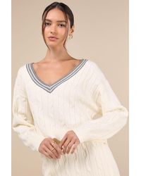 Lulus - Studious Charm Ivory And Heather Cable Knit Varsity Sweater - Lyst