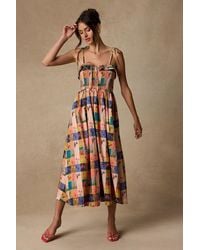 Lulus - Alessandra Blush Multi Gingham Floral Tie-Strap Midi Dress - Lyst