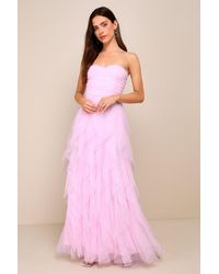 Lulus - Delightful Beauty Mesh Strapless Ruched Ruffled Maxi Dress - Lyst