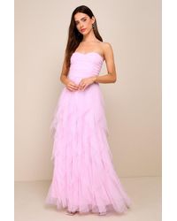 Lulus - Delightful Beauty Mesh Strapless Ruched Ruffled Maxi Dress - Lyst