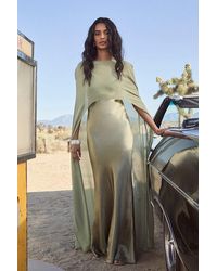 Lulus - Cavana Sage Satin Cape Maxi Dress - Lyst
