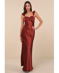 Lulus - Exuberant Luxury Rust Satin Ruffled Lace-Up Maxi Dress - Lyst