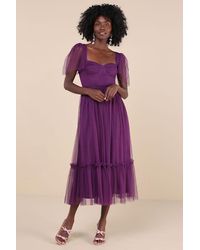 Lulus - Dreamy Celebration Plum Tulle Bustier Swiss Dot Midi Dres - Lyst