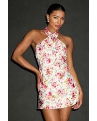 Lulus - Mayar Floral Satin Cross-Front Halter Mini Dress - Lyst