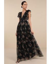 Lulus - Simply Delighted Floral Mesh Ruffled Backless Maxi Dress - Lyst
