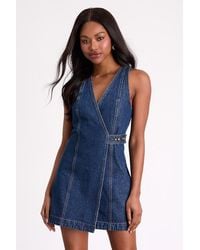 Lulus - Didi Dark Wash Denim Wrap Mini Dress - Lyst