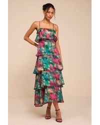 Lulus - Nia Multi Jacquard Organza Tiered Midi Dress - Lyst
