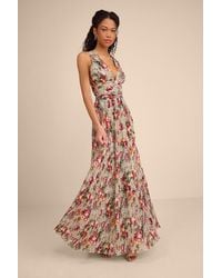 Lulus - Leora Sage Floral Pleated Tiered Maxi Dress - Lyst