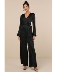 Lulus - Iconic Influence Long Sleeve Faux-Wrap Wide-Leg Jumpsuit - Lyst