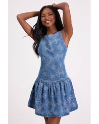 Lulus - Kodi Medium Wash Floral Denim Drop Waist Mini Dress - Lyst