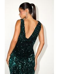 Lulus - Oslah Emerald Velvet Sequin Cowl-Back Midi Dress - Lyst