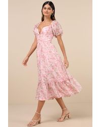 Lulus - Sincerely Wondrous Floral Puff Sleeve Tiered Midi Dress - Lyst