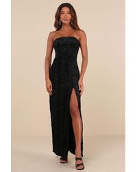 Lulus - Chic Grace Velvet Floral Applique Strapless Maxi Dress - Lyst