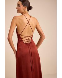 Lulus - Nisrine Satin Lace-Up Halter Maxi Dress - Lyst