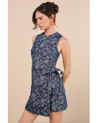 Lulus - Albena Dark Wash Floral Denim Sleeveless Mini Wrap Dress - Lyst