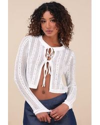 Lulus - Alwilda Pointelle Knit Tie-Front Cardigan Sweater Top - Lyst