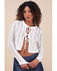 Lulus - Alwilda Pointelle Knit Tie-Front Cardigan Sweater Top - Lyst