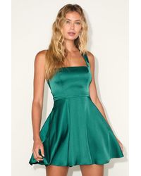 Lulus - Admirably Chic Emerald Satin Lace-Up Mini Dress With Pockets - Lyst