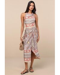 Lulus - Radina Paisley Print Satin Halter Midi Wrap Dress - Lyst