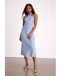Lulus - Gratiana Striped Cross-Front Halter Midi Dress - Lyst