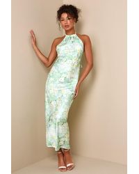 Lulus - Glowing Presence Light Floral Satin Halter Maxi Dress - Lyst