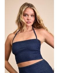 Lulus - Helaine Dark Wash Denim Halter Crop Top - Lyst