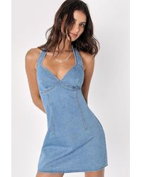 Lulus - Summertime Inspiration Medium Wash Denim Halter Mini Dress - Lyst