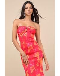 Lulus - Islay Floral Abstract Mesh Strapless Midi Dress - Lyst