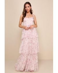 Lulus Endlessly Cute Floral Mesh Cutout Lace Bustier Maxi Dress in Blue |  Lyst