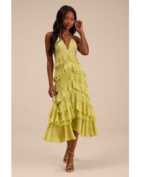 Lulus - Melena Chartreuse Ruffled Lace Midi Dress - Lyst