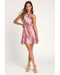 Lulus - Got The Key Satin Floral Jacquard Halter Mini Dress - Lyst